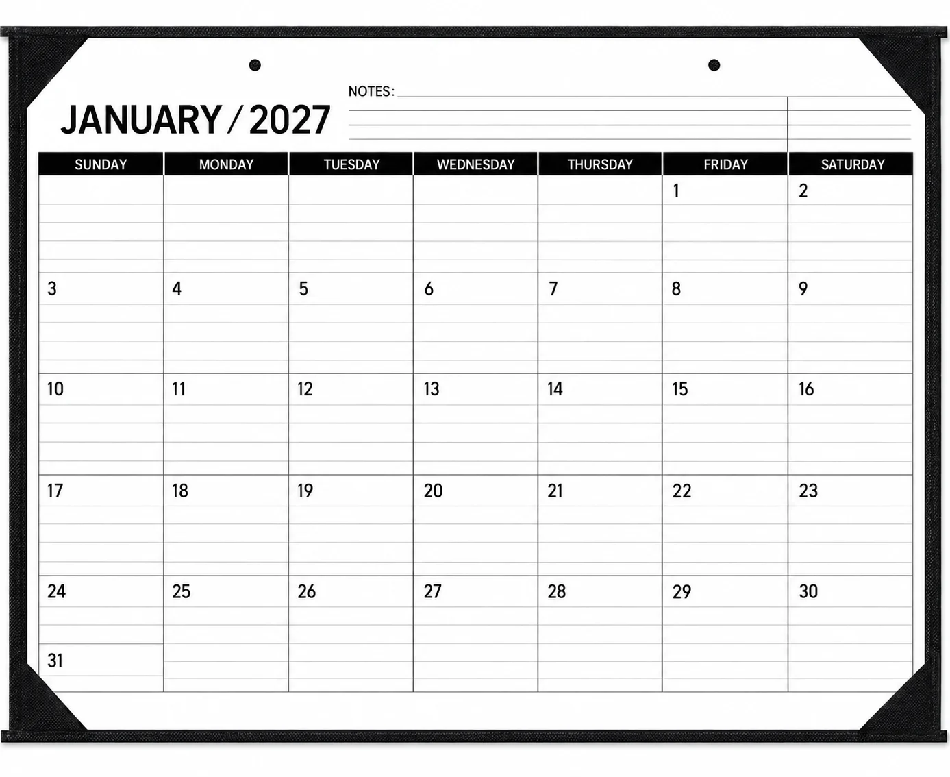 2027 desktop desk-pad calendar with January dates and black frame