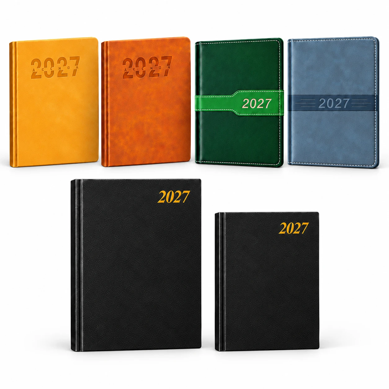 Six 2027 diaries: four coloured A5 Special diaries and black A4 and A5 Regency diaries