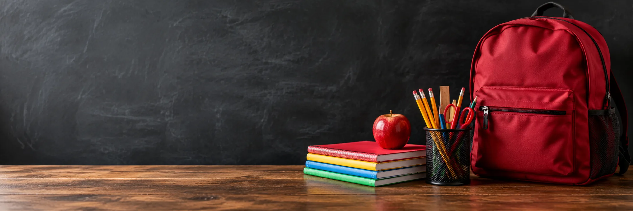 Illustrative red school bag, exercise books, pencils and apple on a desk